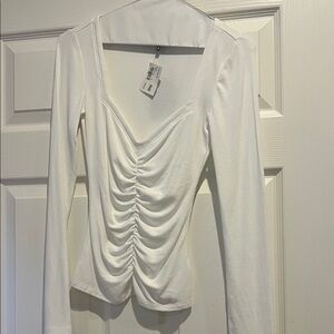 PAIGE White Ruched Long-Sleeve Sweetheart Top